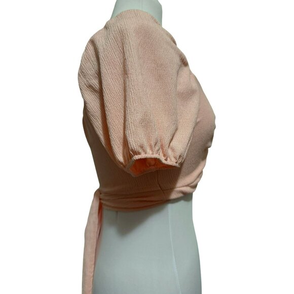 Saints Pink Cropped Top Sz M Twisted Front Midriff Wrap Tie Puffed Sleeves Girly - Picture 3 of 6